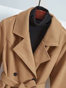 SHEIN Clasi 大码纯色翻领双排扣大衣，秋冬款 - 棕色 - 查看 6