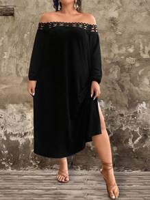 SHEIN LUNE Vestido de manga larga con escote con abertura, unicolor, aplicación de encaje y abertura lateral para talla grande - Negro - Ver 8