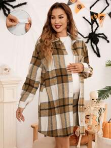 SHEIN Maternity Plaid Print Button Front Overcoat & Skirt - Coffee Brown - View 1