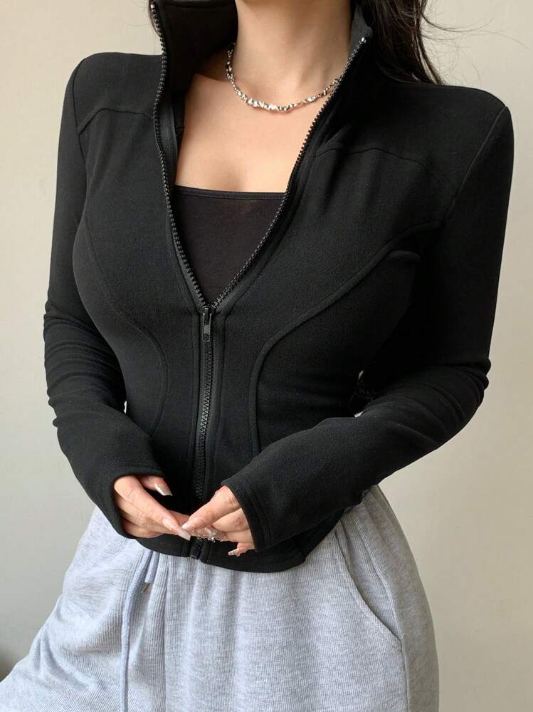 DAZY 女性用カジュアルストリートウェア リブトリム スウェットジャケット、フィット感、春秋ジップアップジャケット - ブラック - 見る 10