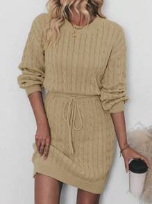 Chiquease Vestido de suéter de punto trenzado con cintura ajustada y caída de hombros para mujer - Caqui - Ver 3