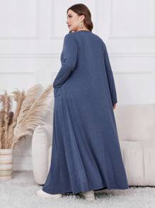 Lacomfia 大码女式休闲超长连衣裙，春秋季长款女装 - 藍色 - 查看 2