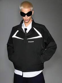 Manfinity VCAY Men's Street-Style Woven Panel Stand Collar Zip-Up Jacket, Suitable For Autumn/Winter - Black - View 4