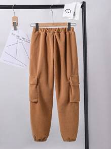 Tween Boys Winter Thickened Warm Fleece 3D Pocket Sports Sweatpants - Khaki - View 2