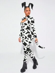 SHEIN SXY Women's Cow Print Stand Collar Cutout Long Sleeve Jumpsuit Black And White Cow Cosplay Christmas Costume - Rust Brown - View 3