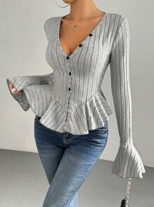 Chiquease Bell Sleeve & Ruffle Design Casual T-Shirt, Spring Autumn - Light Grey - View 1