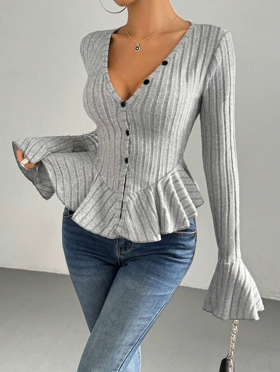 Chiquease Bell Sleeve & Ruffle Design Casual T-Shirt, Spring Autumn - Light Grey - View 1