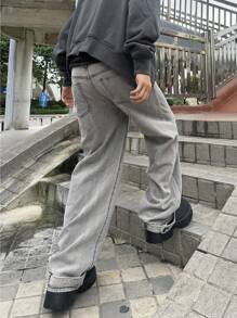 Claim Dot Men Loose Casual Versatile Wide-Leg Denim Pants - Light Grey - View 2