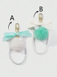 SHEIN 1pc Random Color Furball Ribbon Bow Keychain - Blue - View 2