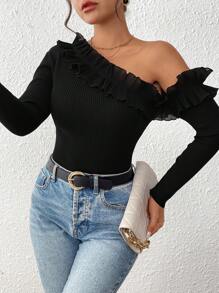 SHEIN Clasi Jersey de manga larga con hombro asimétrico y ribete de volantes para mujer, color negro