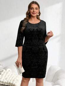 EMERY ROSE 大码纯色黑色圆领长袖简约短款休闲连衣裙，秋季女装