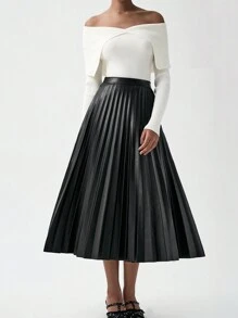 Lumivelle 优雅休闲的办公通勤风褶皱PU皮革A字中长裙 - 黑色 - 查看 5