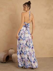 L'Amorae 女士全印花露背休闲度假无袖连衣裙 - 紫色 - 查看 2