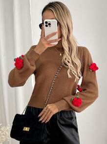 Chiquease 女士优雅 3D 花朵装饰圆领长袖毛衣，秋冬