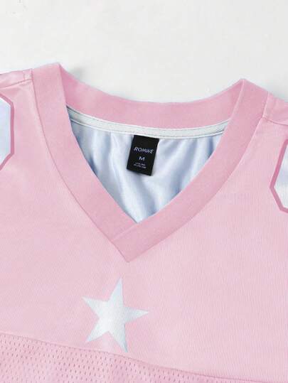 Street Life Women's Numeric Print V-Neck Jersey Short Sleeve Sports T-Shirt With Mesh Fabric Splicing