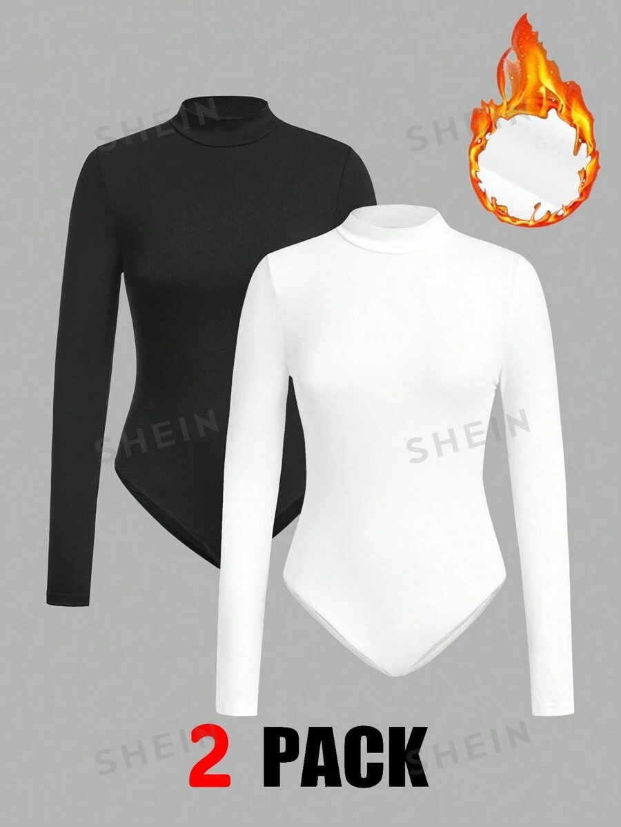 SHEIN EZwear Body de mujer con cuello alto y manga larga, multicolor, de punto, adecuado para el invierno