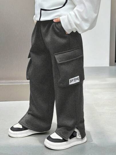 SHEIN 1 件装年轻男孩休闲舒适运动裤，保暖内衬，宽松直筒版型，适合返校、生日、婴儿洗礼、秋冬季