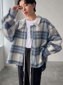 FRIFUL 女士休闲格子系带衬衫，秋冬，秋季女装长袖上衣 - 藍色 - 查看 2
