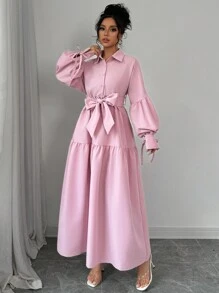 Selianne 女士优雅休闲时尚女士泡泡袖翻领蝴蝶结腰带纯色连衣裙 - 粉色 - 查看 4