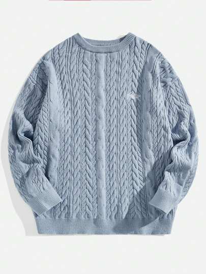 Manfinity RebelGame Jersey de cuello redondo con bordado de moda para hombre, manga larga, jersey de punto liso, para regalo de novio, salir, para otoño e invierno