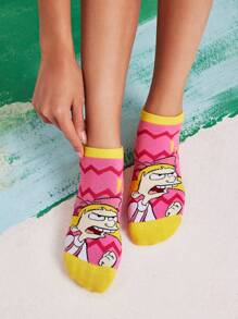 Nick 90s X SHEIN 3pairs Women's Cartoon Character Color Block Ankle Socks