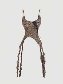 SHEIN MOD 豹纹荷叶边女式吊带背心、不对称下摆上衣、秋冬女式上衣、早午餐、、、优雅、派对、巫术服装、音乐会女装、文艺复兴、吸血鬼、外出上衣、豹纹上衣、Y2k、荷叶边上衣