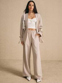 Poéselle Women's Solid Color Long Sleeve Knotted Cuff Open Front Jacket And Pocket Long Pants Casual Suit Set, Autumn/Winter - Khaki - View 3