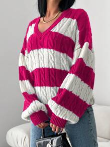 RueChic 女式棉质拼色针织毛衣，休闲风格，秋冬 - 玫紅色 - 查看 4