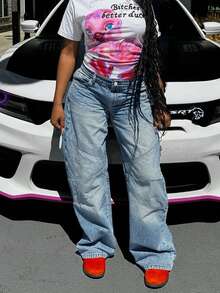 Quần jeans ống rộng dáng suông phong cách đường phố thường ngày, túi xéo, phối nhiều mảng vải và đường khâu, thích hợp cho mùa thu. - Màu xanh lam - Xem 3