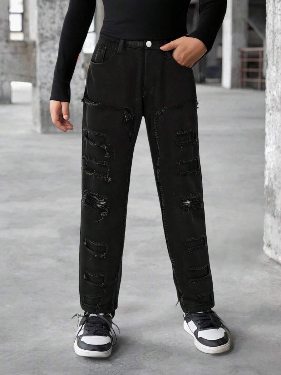 Jeans dritti con orlo sfrangiato e rovinato, in stile casual da strada Y2K, colore nero tinta unita, per ragazze adolescenti - nero - Visualizzare 1
