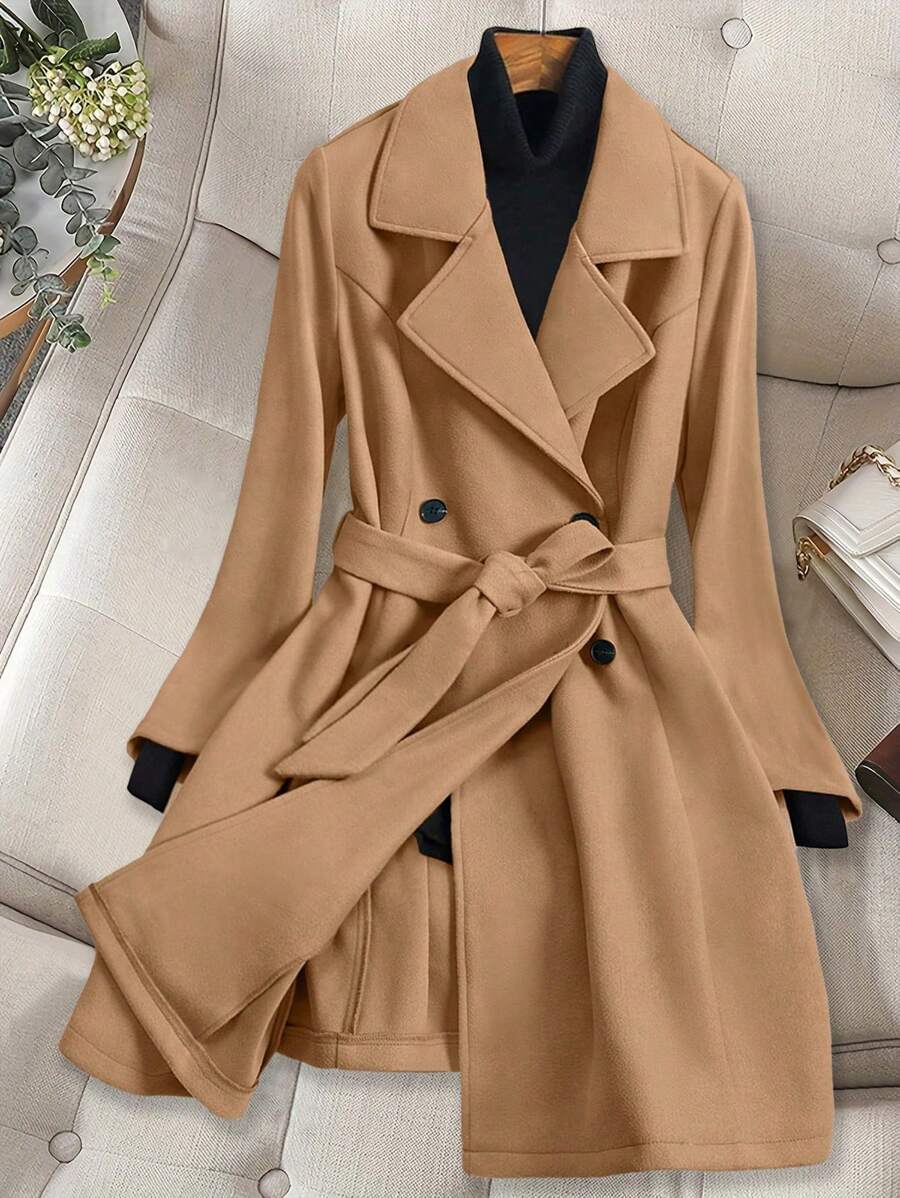 SHEIN Clasi 大码纯色翻领双排扣大衣，秋冬款 - 棕色 - 查看 1