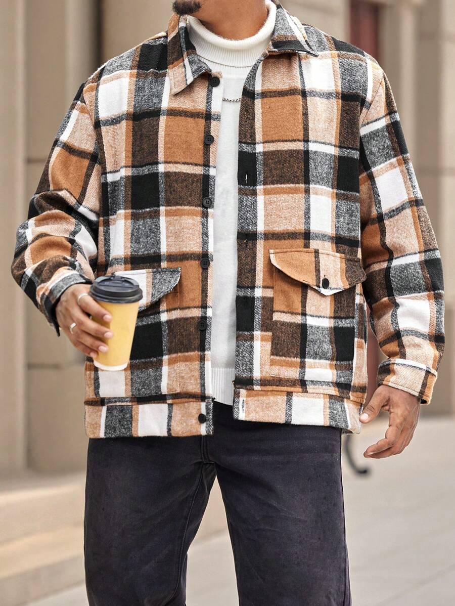 Manfinity Homme Chaqueta informal de manga larga con bolsillo y botones delanteros a cuadros para hombres de talla grande