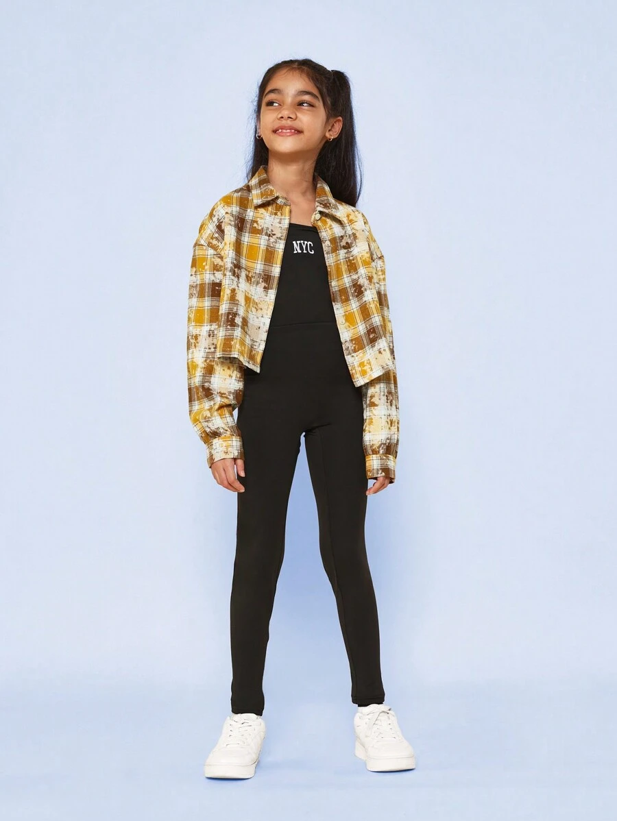 SUMWON 青少年女孩短款长袖格纹衬衫和黑色紧身连衣裤，带有小纽约图案印花 - 彩色 - 查看 1