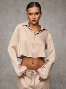 SHEIN BAE 女式纯色前扣长袖休闲衬衫 - 卡其色 - 查看 3