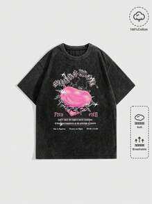 ROMWE Street Life 女性心標語圖案T恤 - 黑色 - 查看 1