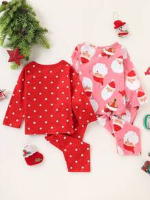 SHEIN Playful Pals 4 件套女婴可爱圣诞老人印花长袖圣诞套装，秋冬 - 彩色 - 查看 2