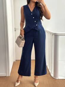 Franclia Plus Size Front Button Sleeveless Striped Top And Casual Pants 2pcs Set