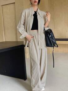 DAZY 女士纯色长袖衬衫和阔腿裤两件套休闲套装 - 杏色 - 查看 3