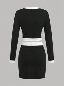 SHEIN 2pcs/Set Teen Girls Rib-Knit Contrast Trim Long Sleeve Top And Skirt Set