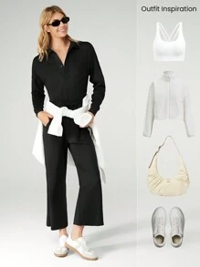 GLOWMODE Cloudknit Be Relaxed Adjustable Drawstring Waist Wide-Leg Lapel Long Sleeve Jumpsuit Bodysuit With Side Pockets Daily Casual