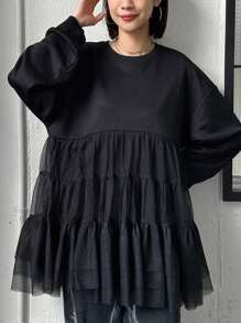 FRIFUL Áo cánh rộng tay dài cổ tròn lưới xếp nếp thường ngày cho nữ, mặc hàng ngày, nhún bèo - màu đen - Xem 9