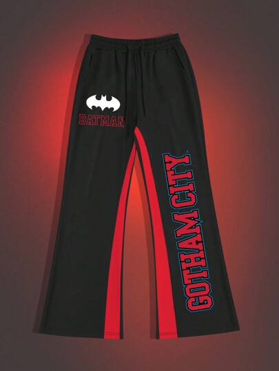 Batman X ROMWE Men's Casual Cartoon And Letter Print Colorblock Drawstring Waist Flared Trousers