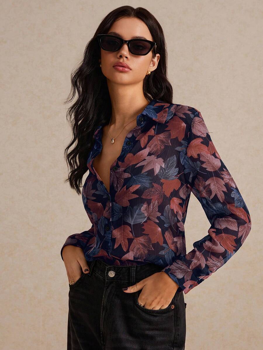 Poéselle 女士休闲树叶印花衬衫，春秋季，长袖上衣 - 彩色 - 查看 1