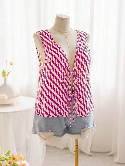 Soleia 杏色休闲V领系带波浪设计浪漫度假可爱曲线大码女式上衣衬衫