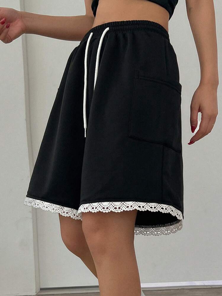 Women's Lace Patchwork Cinched Waist Loose Bermuda Shorts