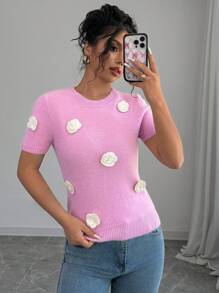 Chiquease Women's Crew Neck Short Sleeve 3D Flower Decor Casual Knitted Top - Violet Purple - View 4