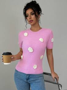 Chiquease Women's Crew Neck Short Sleeve 3D Flower Decor Casual Knitted Top - Violet Purple - View 5