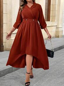 SHEIN Unity 大码女式收腰不对称下摆长袖秋季连衣裙 - 紅木色 - 查看 7