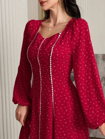 Mulvari 女士碎花荷叶边领灯笼袖优雅阿拉伯朴素长袖连衣裙