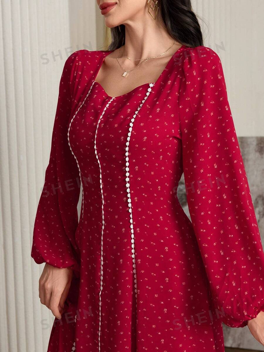 Modelyn Rochie cu mânecă lanternă cu mânecă lanternă, cu flori, cu volane, elegantă, arabă, modestă, cu mâneci lungi - roșu - Vizualizare 1